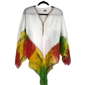 Eloge Poncho Gauze Trimmed in Sheer Size Small